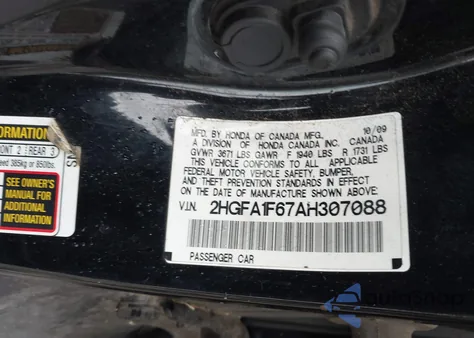 2010 Honda Civic Lx-S from USA, damaged, VIN 2HGFA1F67AH307088